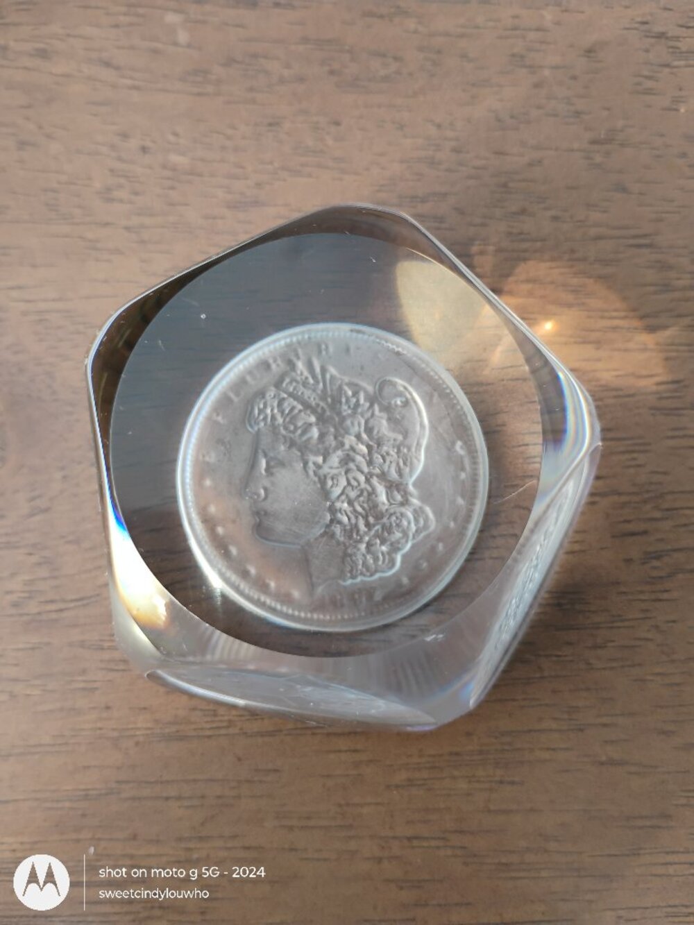 Morgan Silver glass vs crystal paperweight etched design 3D Lady Liberty 1882